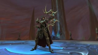 WoW Shadowlands Season 4 - Sylvanas Windrunner stands on a platform with her bow drawn.