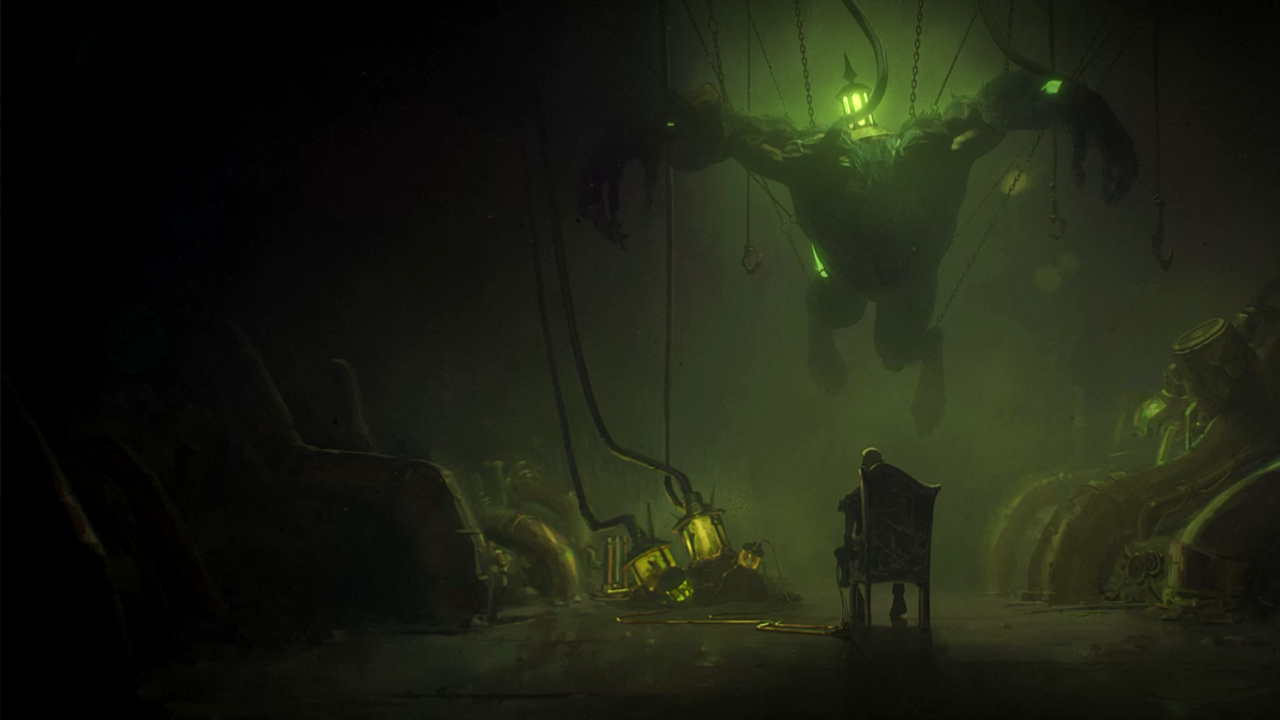 A man sitting in a chair with a large dead body hanging over him in a dark room in Arcane season 2