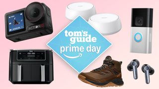 A group of products on a pink background with a Tom's Guide deal badge in the center