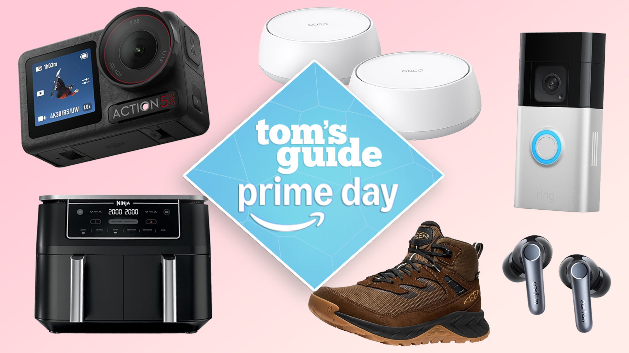 A group of products on a pink background with a Tom's Guide deal badge in the center