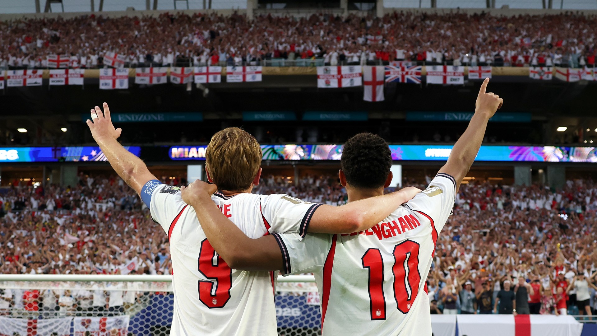 Jude Bellingham #10 and Harry Kane #9 of England applaud fans after the 2-1 victory during the FIFA World Cup 2026 Quarter Final match