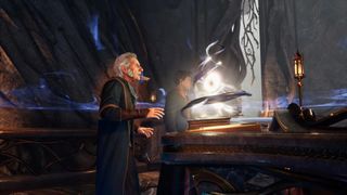 Hogwarts Legacy - Professor Fig stares at a magical book.