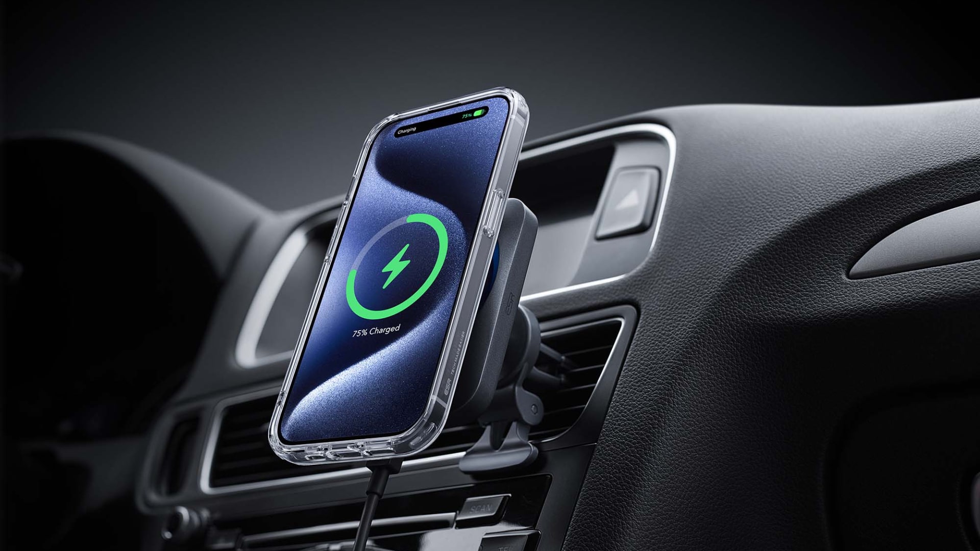 The ESR HaloLock MagSafe Car Charger Mount with CryoBoost holding an iPhone on a car dashboard.