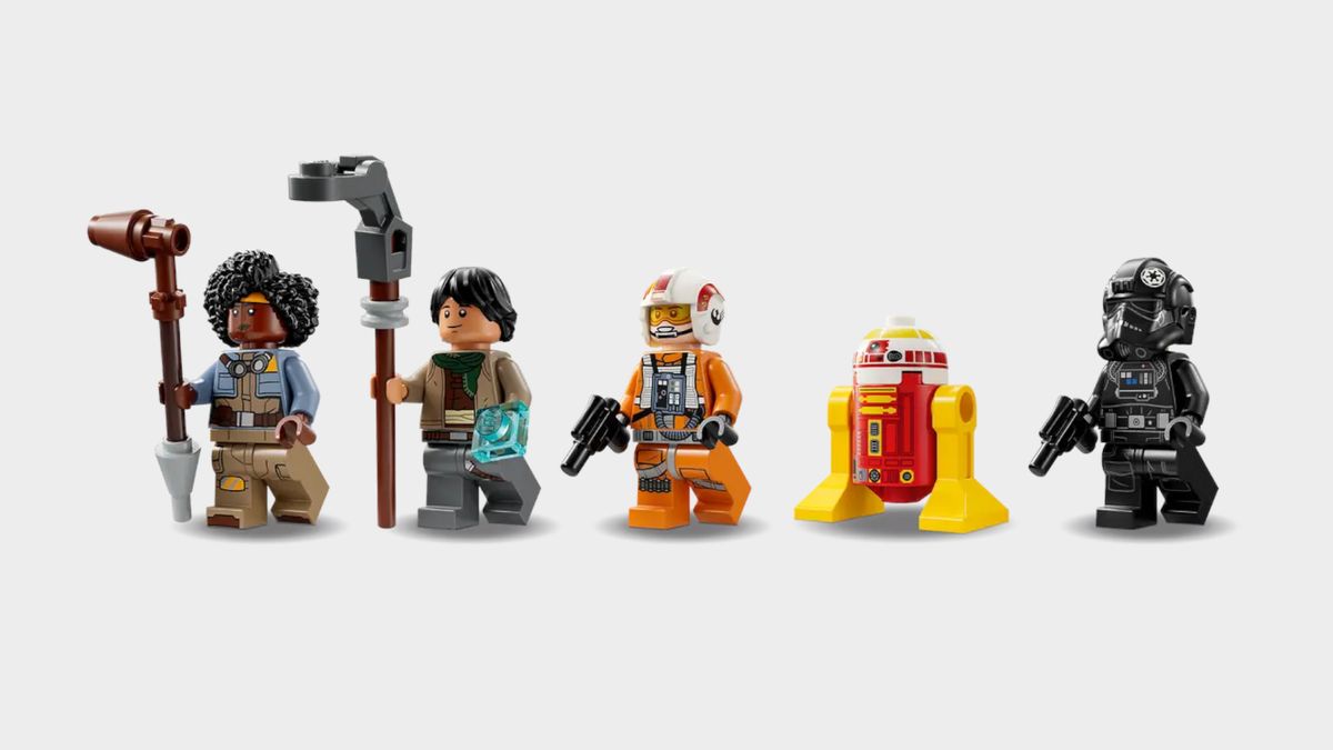 Lego TIE Fighter &amp; X-Wing Mash-up minifigures on a plain background