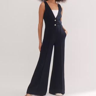 Textured Low V Wide-Leg Jumpsuit on model 