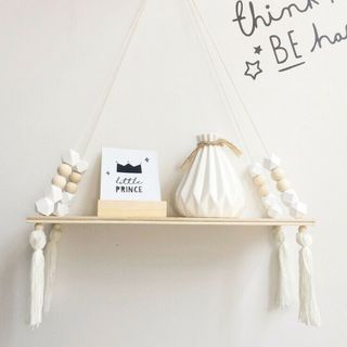 Wooden Nordic Style Hanging Tassel Bead Storage Wall Mounted Shelf Kids Bedroom