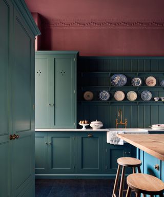 devol kitchens dark blue and pink kitchen with paneling and wall plates for decor