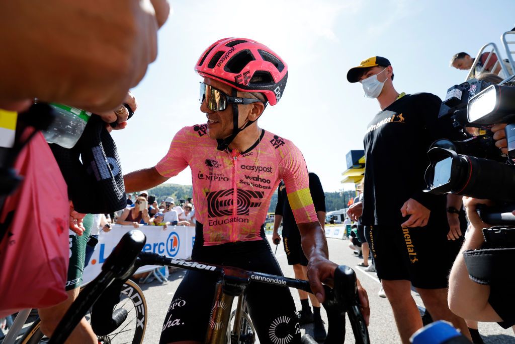 SUPERDEVOLUY LE DEVOLUY FRANCE JULY 17 Stage winner Richard Carapaz of Ecuador and Team EF Education EasyPost reacts after the 111th Tour de France 2024 Stage 17 a 1778km stage from SaintPaulTroisChateaux to Superdevoluy 1500m UCIWT on July 17 2024 in Superdevoluy Le Devoluy France Photo by Sebastien Nogier PoolGetty Images