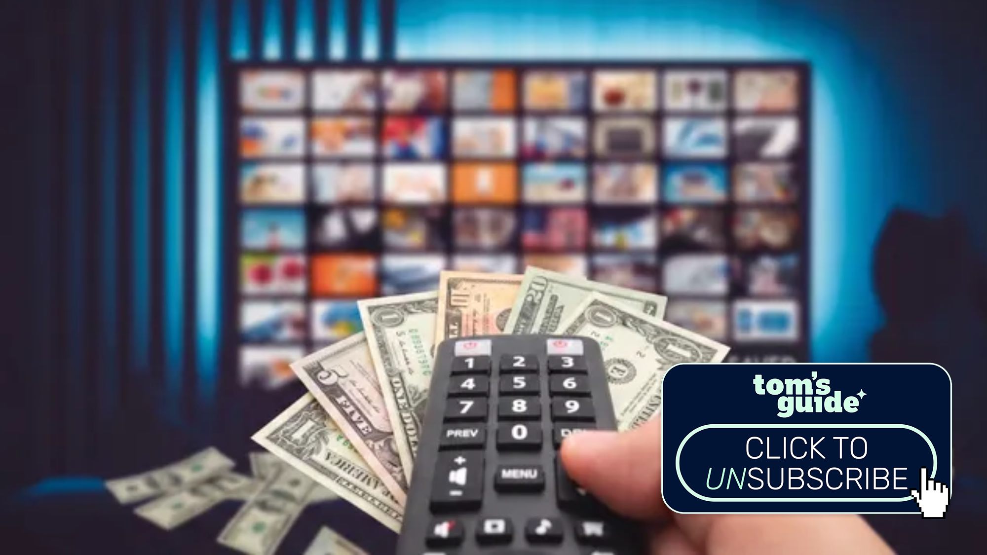 remote control with money in front of TV with streaming services