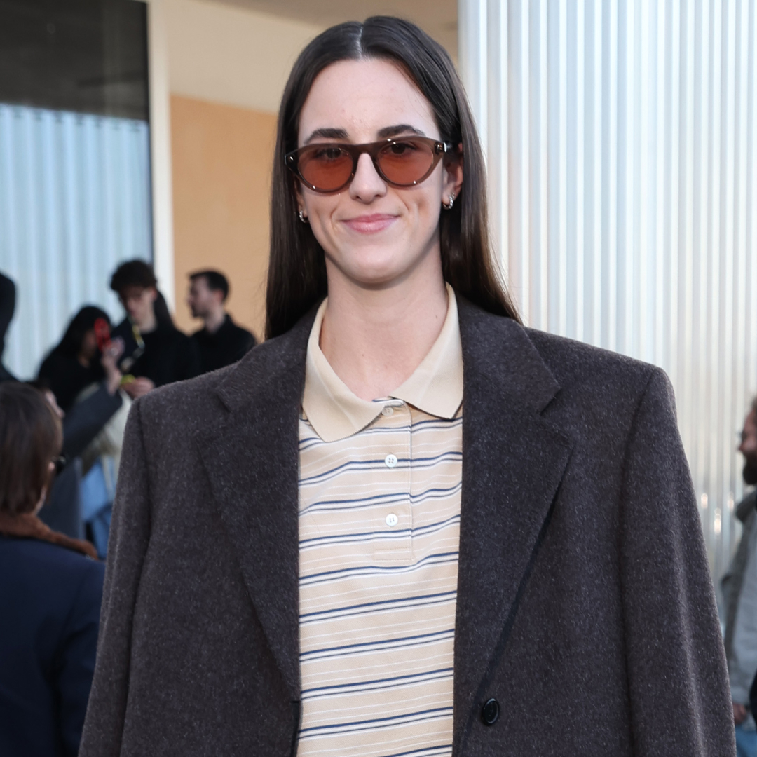 Catilin Clark arriving at the Prada Fall 2026 Fashion Show wearing a polo shirt