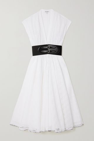 Belted Leather-Trimmed Broderie Anglaise Cotton Midi Dress