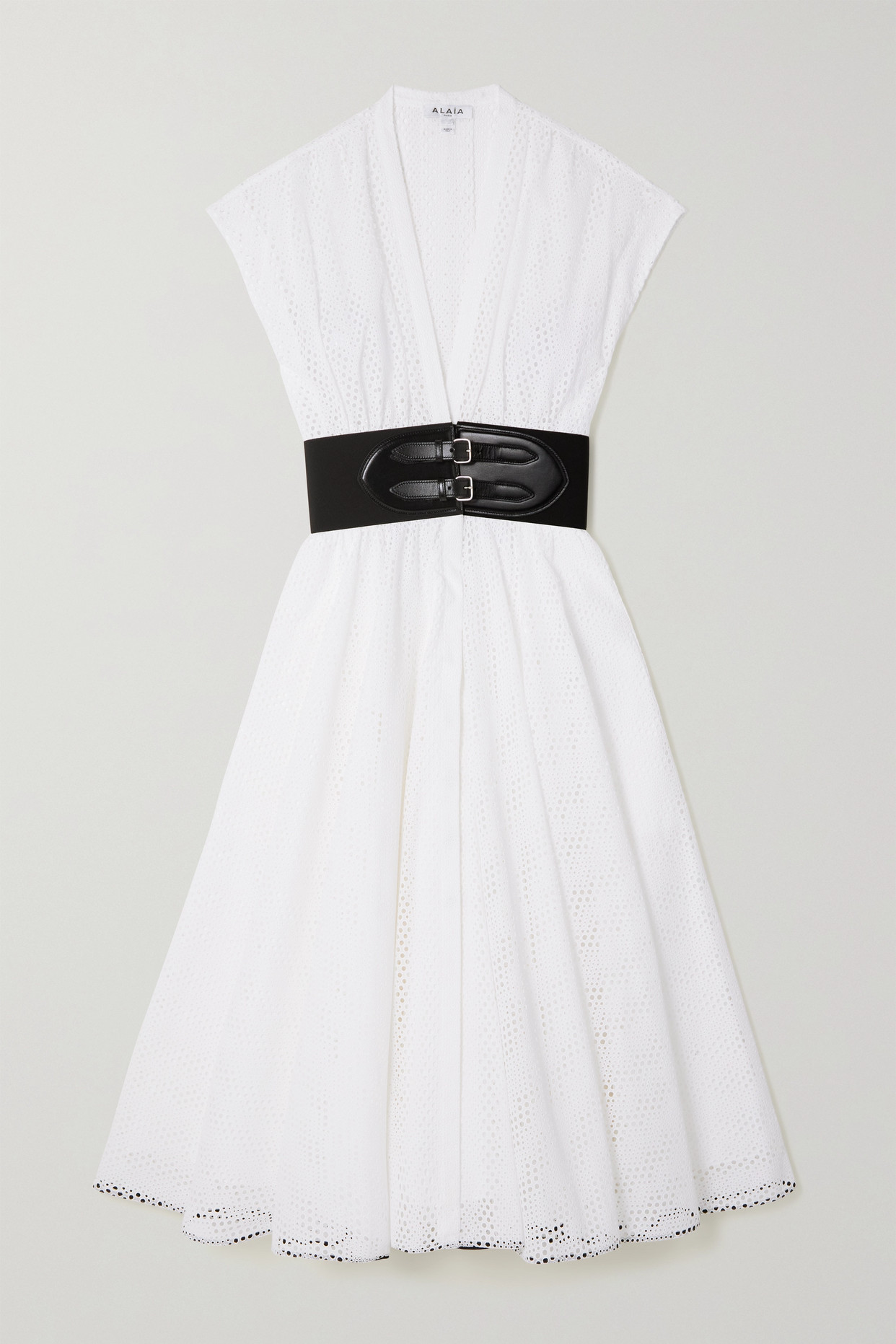 Belted Leather-Trimmed Broderie Anglaise Cotton Midi Dress
