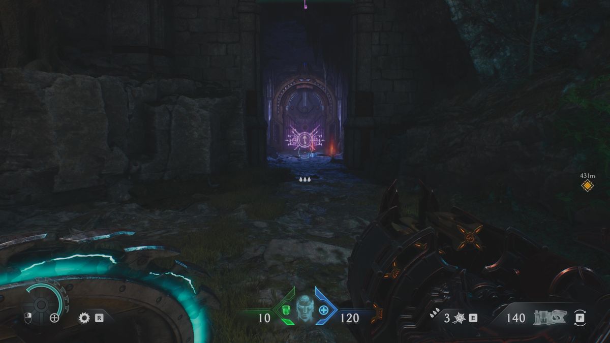 Doom: The Dark Ages Siege Part 1 secrets - A gated area built into a cliff that requires a purple key to access.