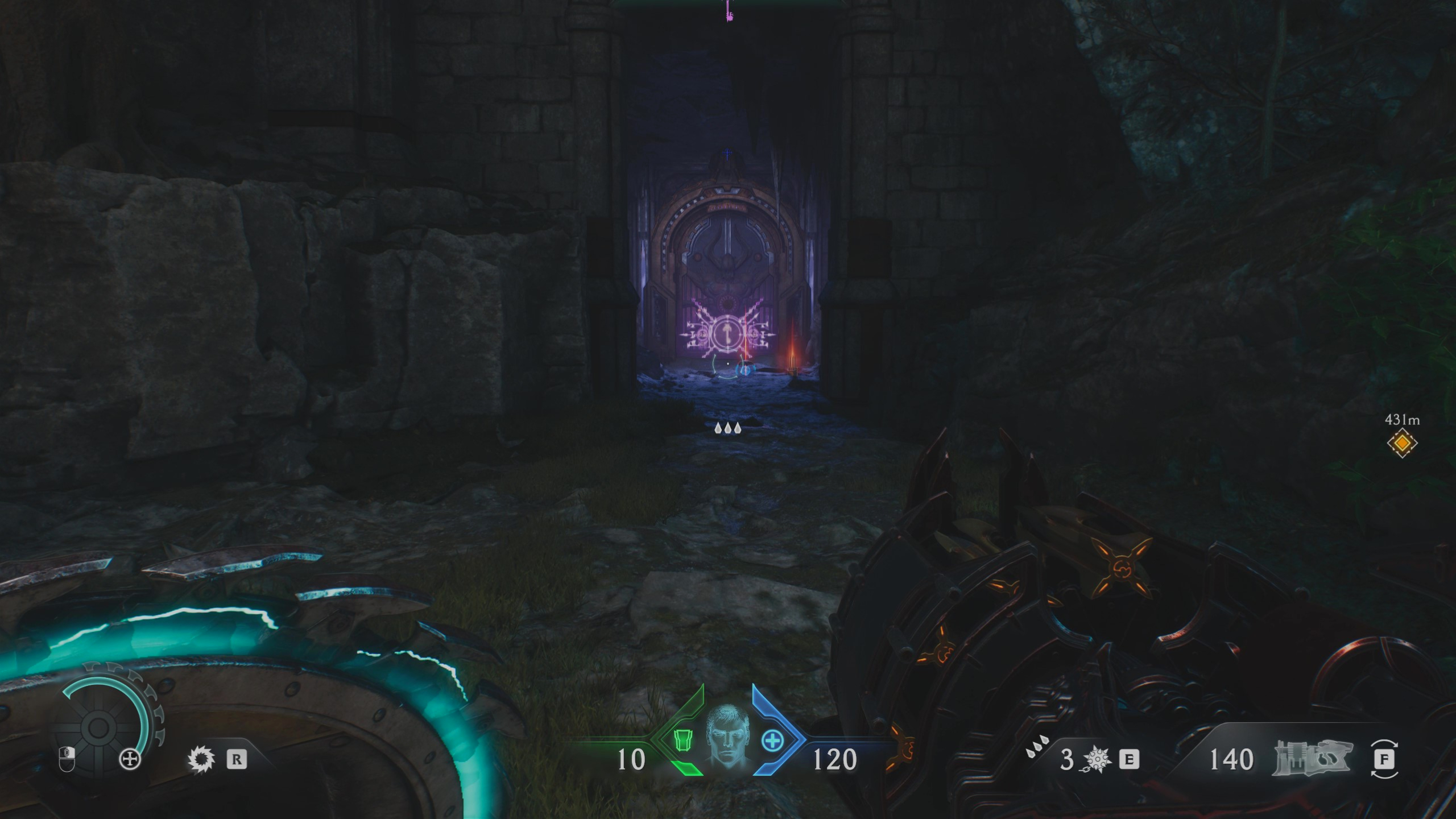 Doom: The Dark Ages Siege Part 1 secrets - A gated area built into a cliff that requires a purple key to access.