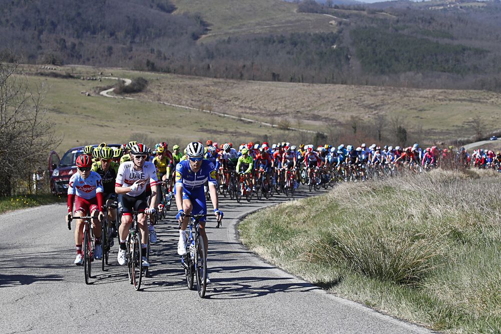 The Tirreno-Adriatico peloton in action during stage 3