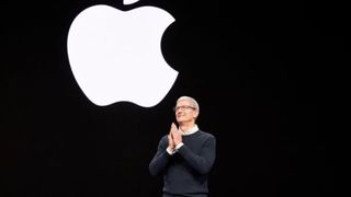 Tim Cook delivering a keynote at an Apple event