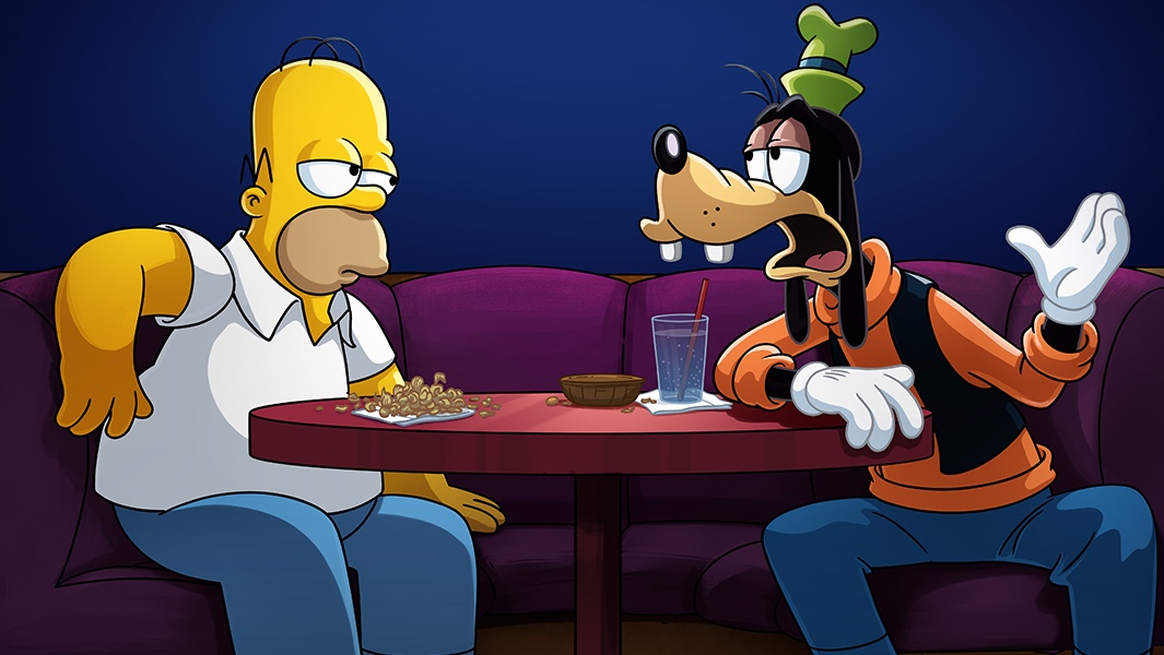 Homer and Goofy in the poster for The Simpsons in Plusaversary, a Disney Plus Day short