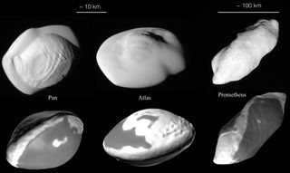 The strange small moons of Saturn, as imaged by the Cassini spacecraft (top), compared to moons created through simulated collisions. Not only are they similar shapes, but the model suggests why Pan's and Atlas' ridges look different: The ridges are made from smooth material squeezed out from the middle during the merger.