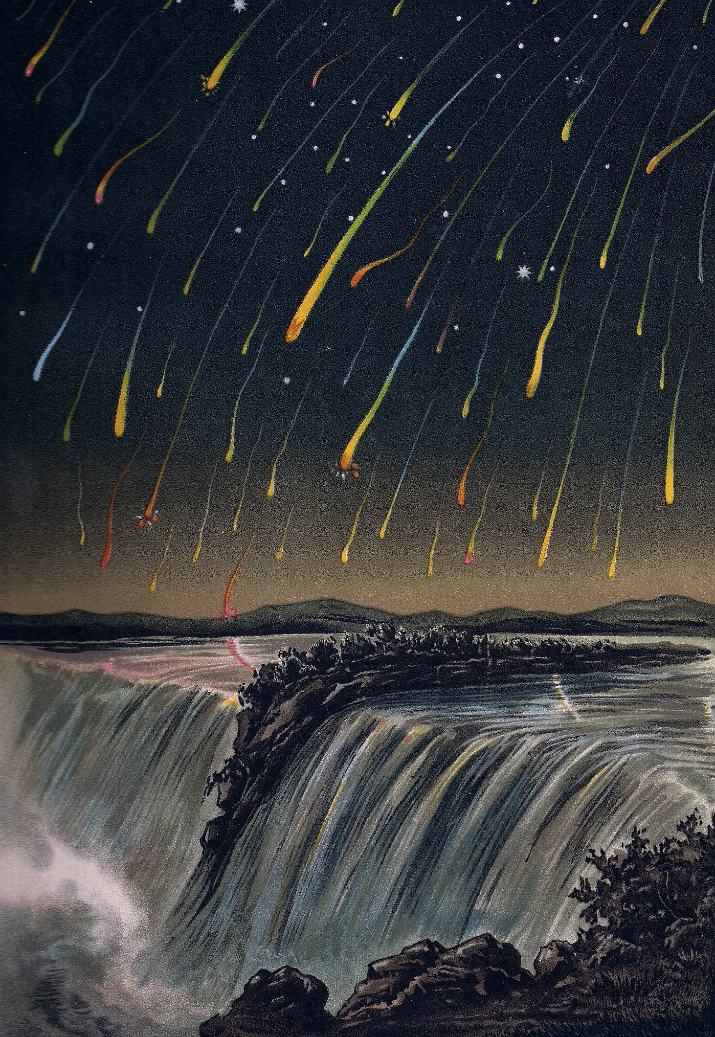 The 1833 Leonid Meteor storm, as seen over Niagara Falls.