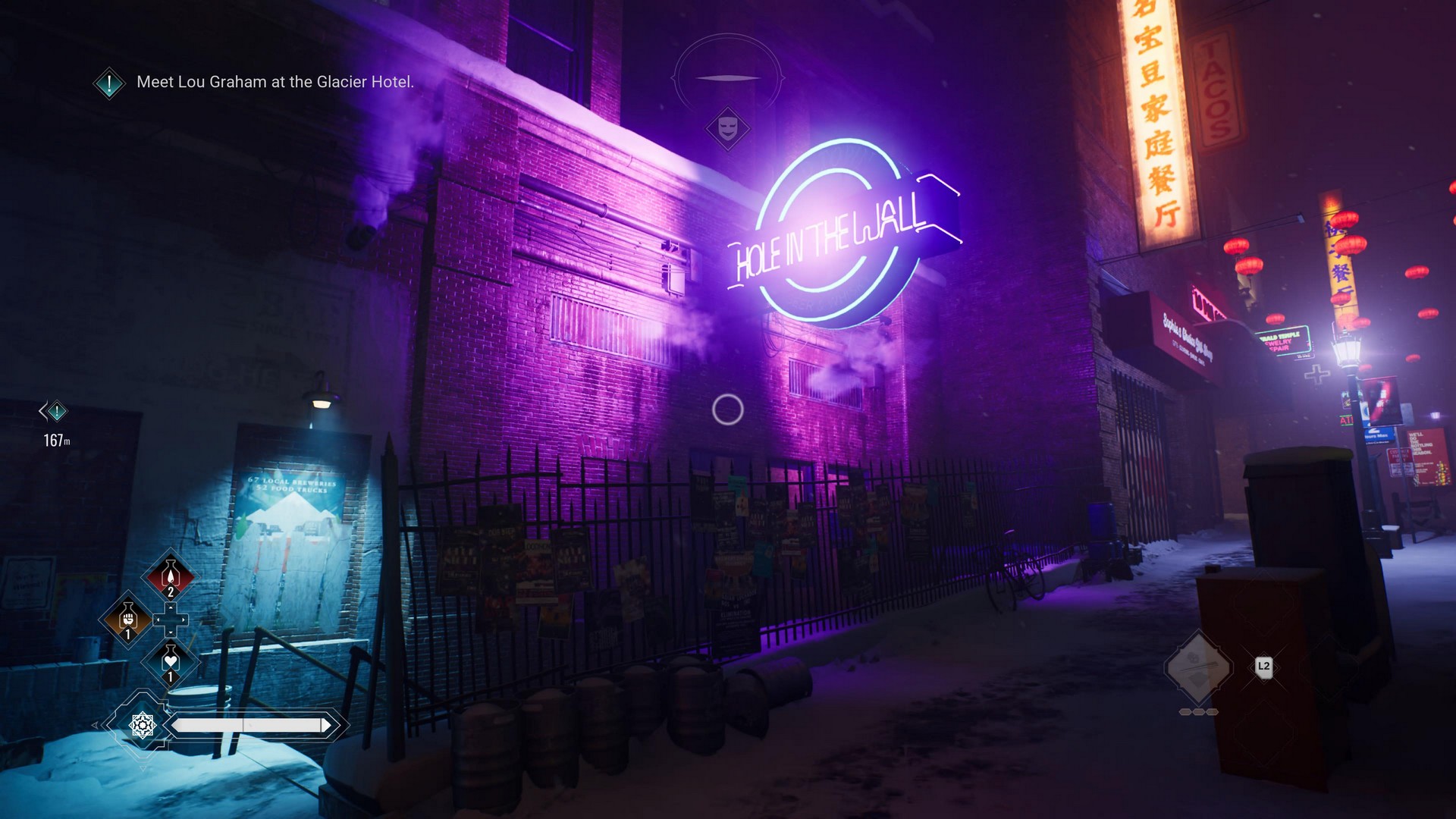 The outside of the Anarch Hole in the Wall bar in VTM Bloodlines 2