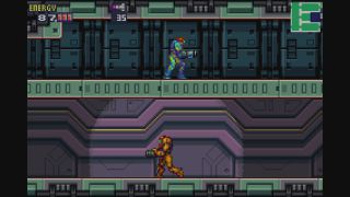 Metroid Fusion screenshot showing two levels, with Sam's running in opposite directions in each