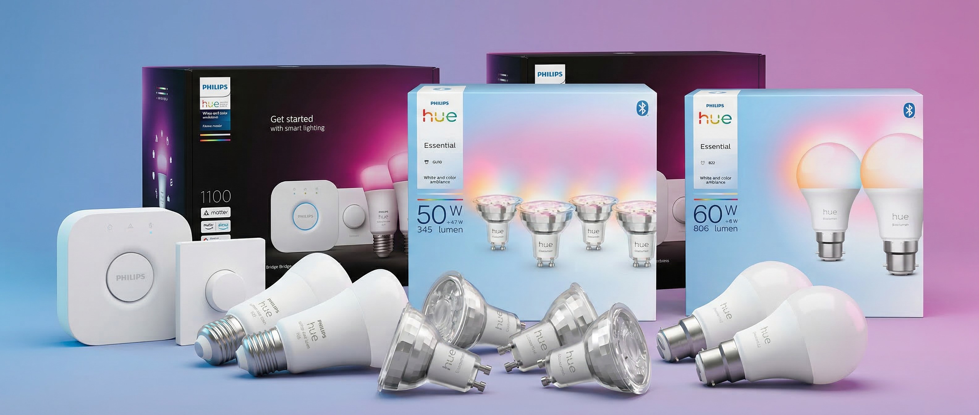 Various Philips Hue smart lights with their packaging on blue and purple gradient background