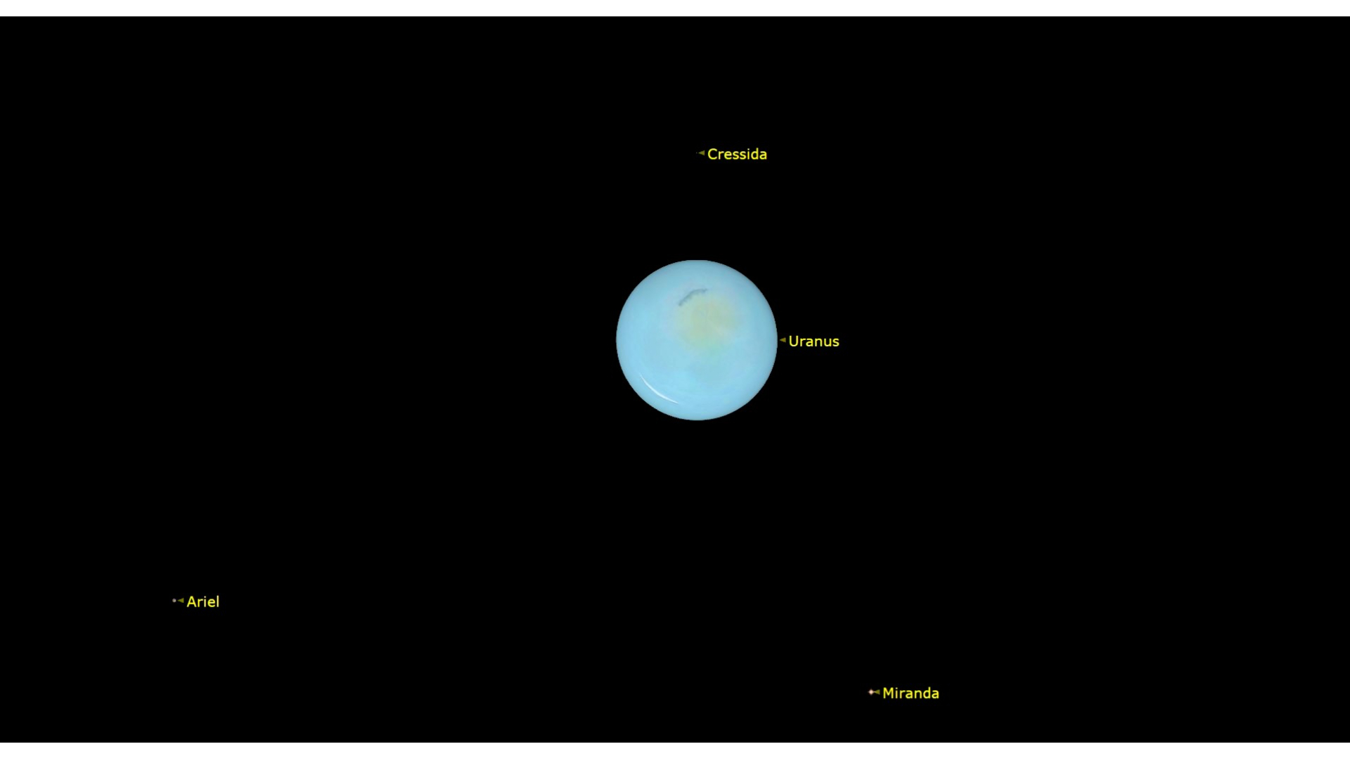 The bright blue planet Uranus is seen in outer space surrounding by a few of its moons including Cressida and Miranda