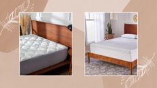 Two pictures of twin mattress toppers on a brown background