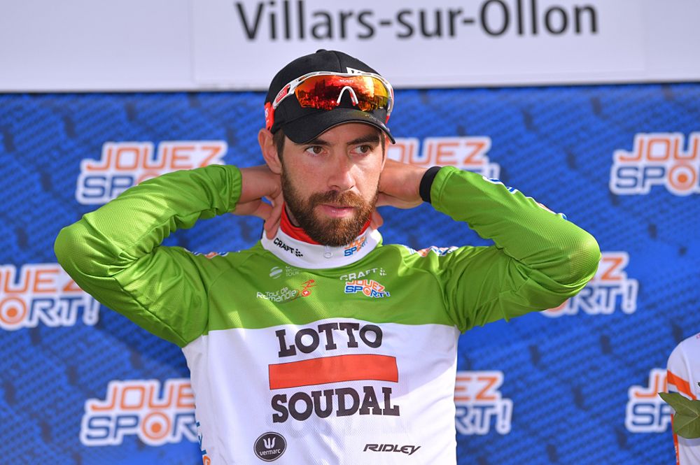 Thomas De Gendt (Team Lotto Soudal) wears the points jersey at Tour de Romandie