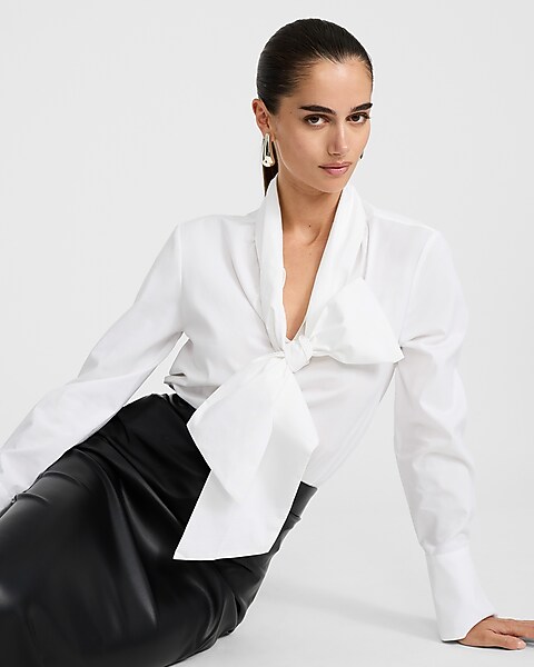 express, Stretch Cotton Poplin Drop Tie Neck Oversized Shirt