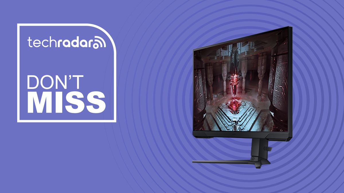 The Samsung Odyssey G51C QHD gaming monitor on a violet background with the words Don&#039;t Miss