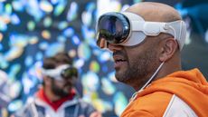 A man with an Apple Vision Pro mixed reality (XR) headset at the company's store in Palo Alto, California, US.