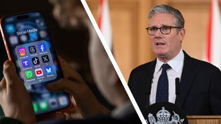 A child using social media on a smartphone next to a photo of Keir Starmer