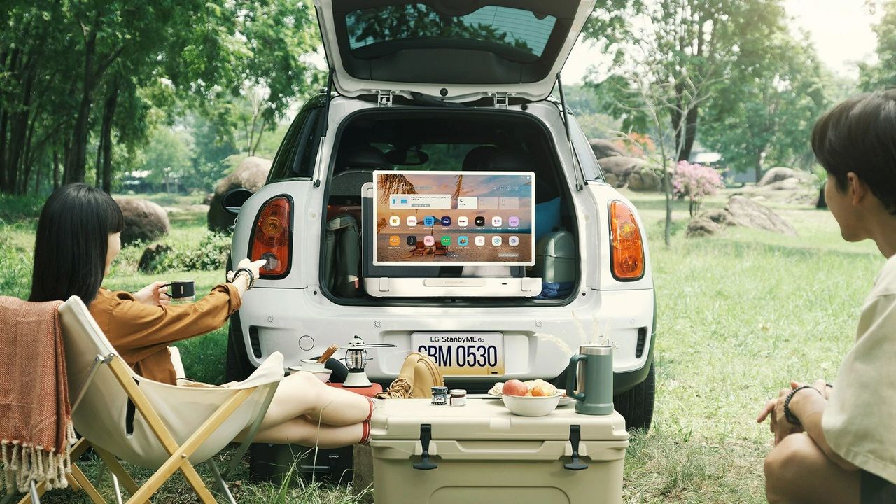 a portable TV in the boot of a car