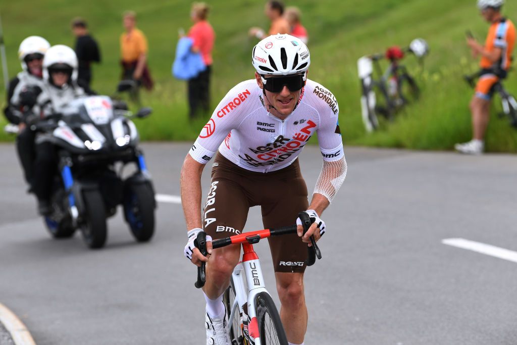 PFAFFNAU SWITZERLAND JUNE 08 Mathias Frank of Switzerland and AG2R Citren Team in the Breakaway during the 84th Tour de Suisse 2021 Stage 3 a 185km stage from Lachen to Pfaffnau 509m UCIworldtour tds tourdesuisse on June 08 2021 in Pfaffnau Switzerland Photo by Tim de WaeleGetty Images