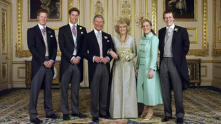 Prince Charles and The Duchess Of Cornwall, Camilla Parker Bowles pose with their children (L-R) Prince Harry, Prince William, Laura and Tom Parker Bowles, in the white drawing room for the Official Wedding group photo following their earlier marriage at The Guildhall, at Windsor Castle on April 9, 2005 in Berkshire, England