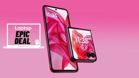 Hot Pink Motorla Razr 2025 against a pink gradient background.