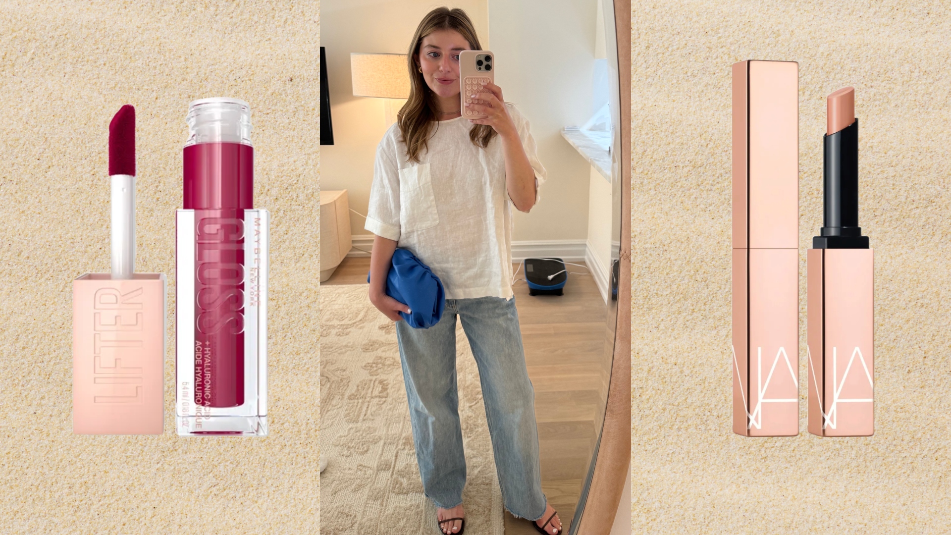 girl in jean and a white top with a blue bag taking a mirror selfie next to two pink lipsticks