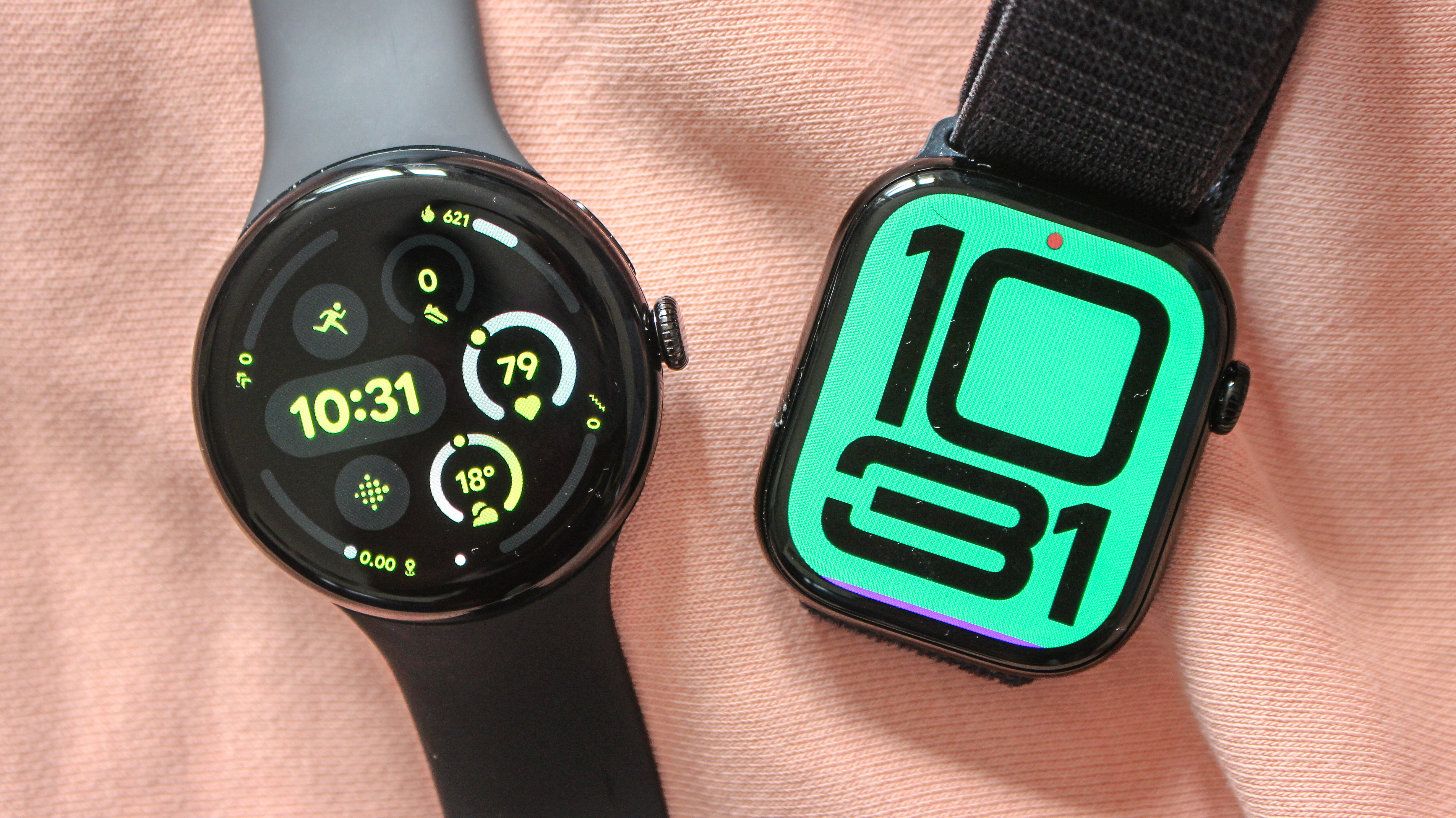 a photo of the Google Pixel Watch 3 and Apple Watch 10