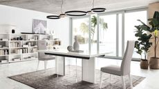 White dining room idea by Fishpools with bookshelves, grey rug and high gloss table