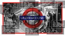 Photo collage of people walking off a busy London Underground train. Each person is overlaid with a little vignette stating their age, whether they paid their fare, mood, jump risk, and political affiliation. The London Underground logo is in the middle of the image.