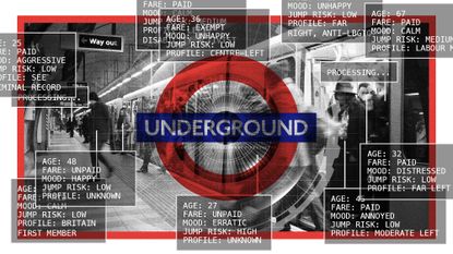 Photo collage of people walking off a busy London Underground train. Each person is overlaid with a little vignette stating their age, whether they paid their fare, mood, jump risk, and political affiliation. The London Underground logo is in the middle of the image.