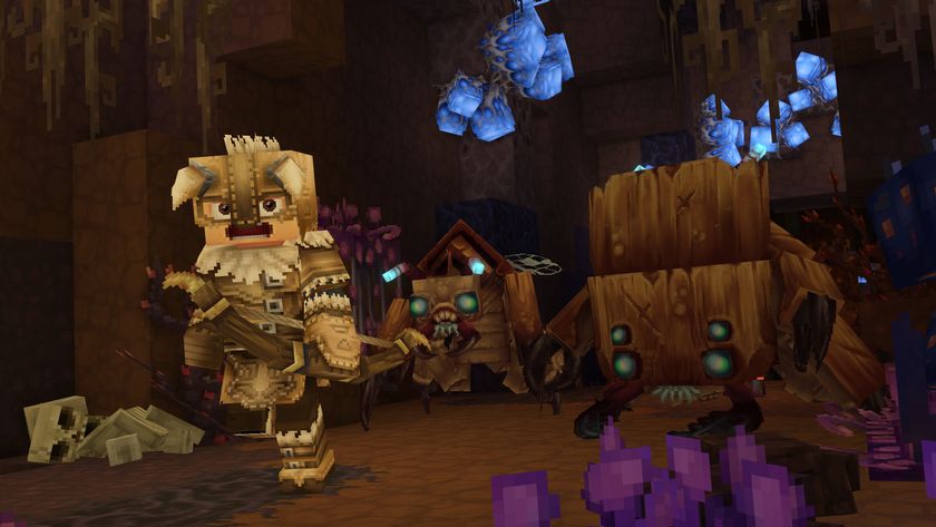 Hytale launch times: A character wearing fur armour and holding a bow running away from large bugs inside a cave.