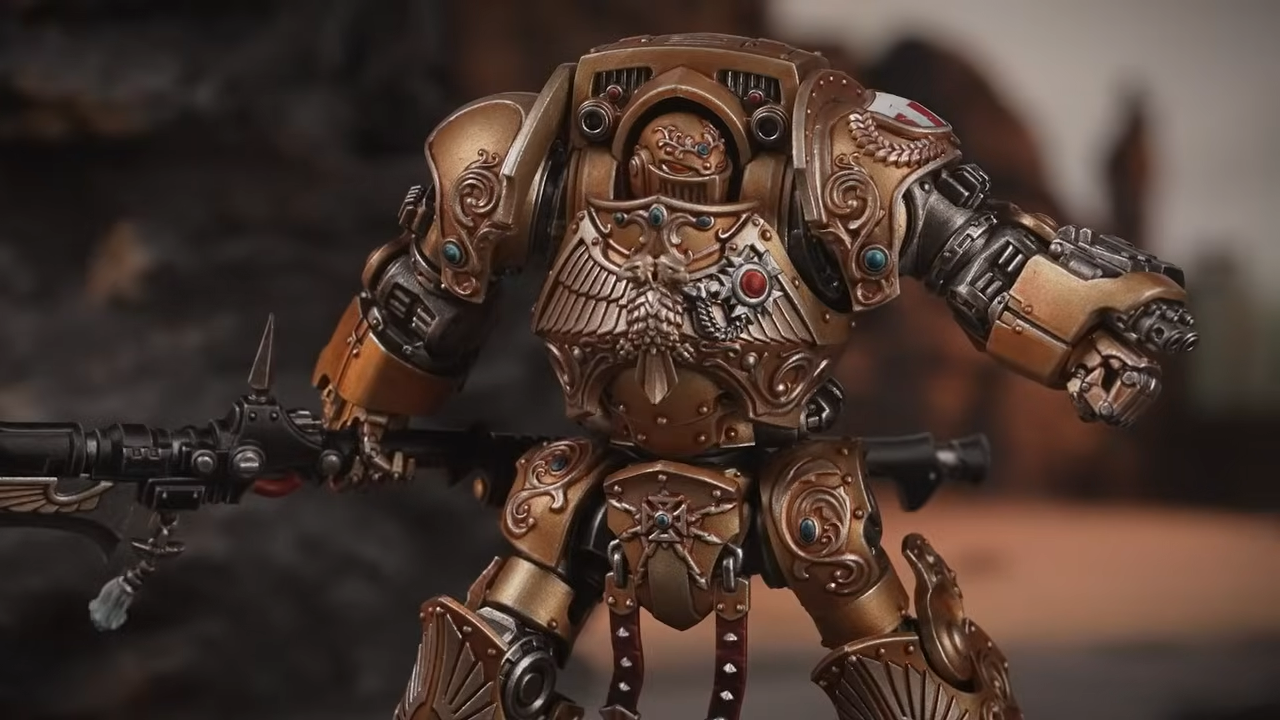 Warhammer Custodes miniatures on a blasted battleground