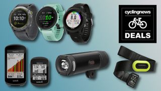 A selection of garmin products on a blue background and a deals badge