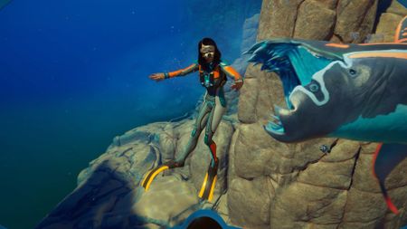 Subnautica 2 screenshot from Buddy System update 1.2 trailer showing a diver about to get eaten by a large shark creature