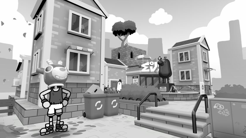 Toem 2 - a character wearing a mascot head stands in a small black and white village square