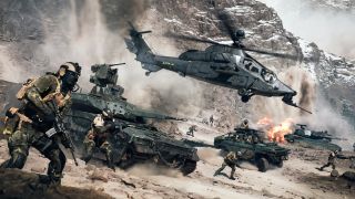 Battlefield 6 War Tapes VAL: Key art showing various soldiers, tanks, jeeps, and a helicopter moving to the right of the image as explosions hit the ground nearby.