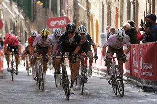 Greg Van Avermaet (AG2R Citroën) sprinting for a top-20 in the 2021 edition of Strade Bianche