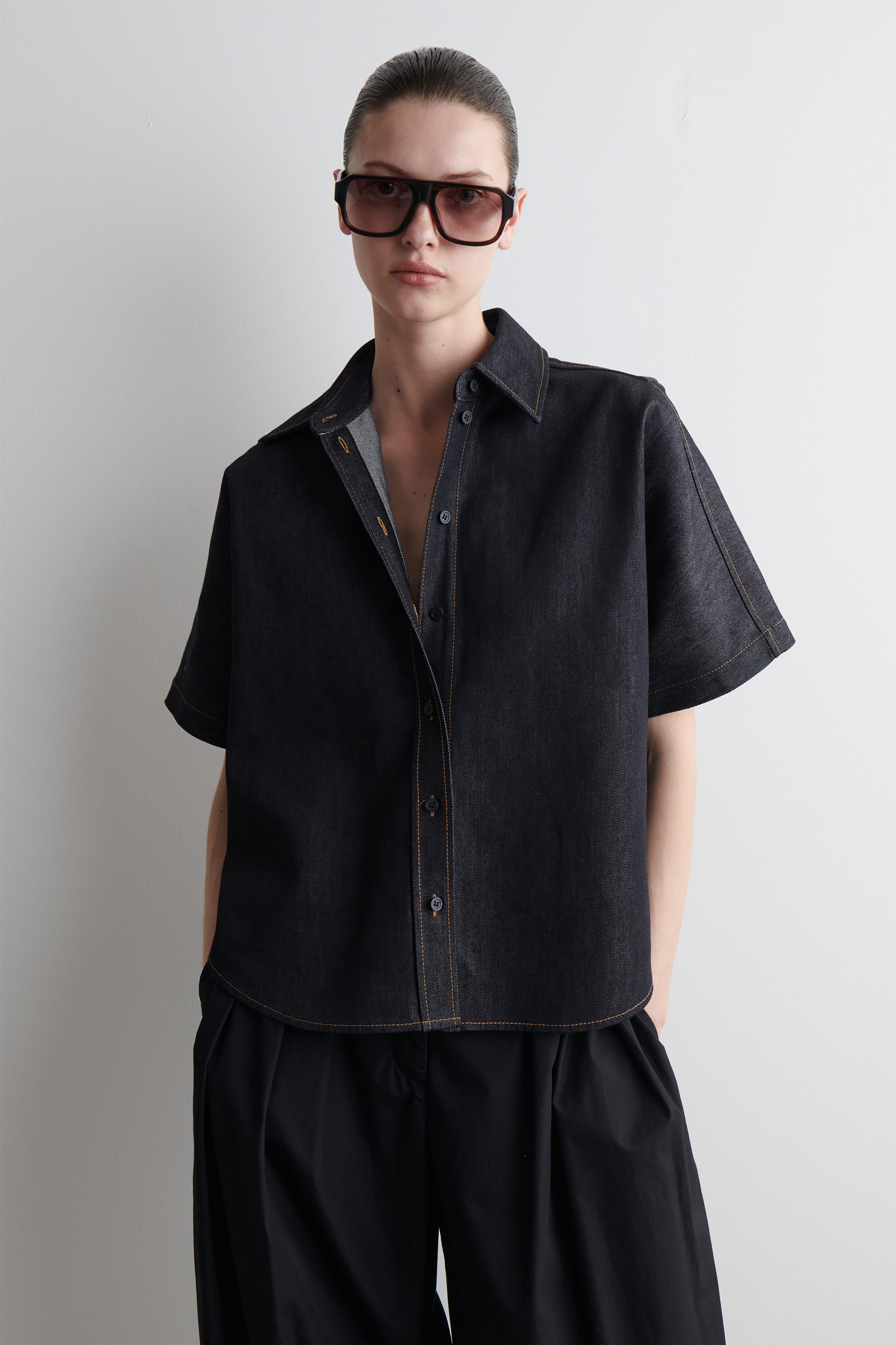 Boxy Short-Sleeved Denim Shirt
